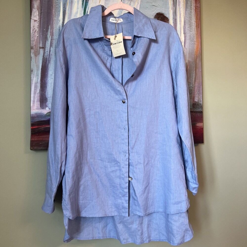 Grae Cove Sz L Blue 100% Linen Shirt Natural Sustainable Womens NWT
